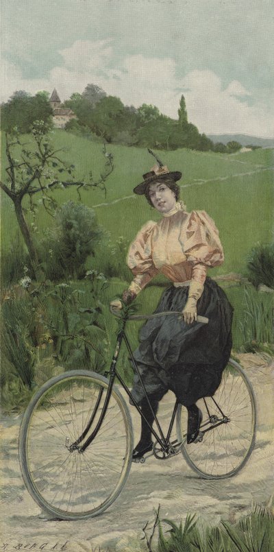 Kvinne som sykler på en landevei (farge litho) av European School