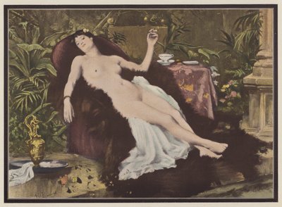 Kvinne som røyker etter et bad (farge litho) av European School