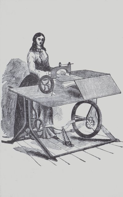 Kvinne som bruker en symaskin (litho) av European School