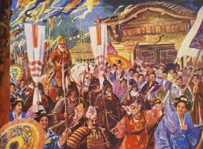 Yoritomo blir shogun, 1192 e.Kr. (fargelitografi) av European School