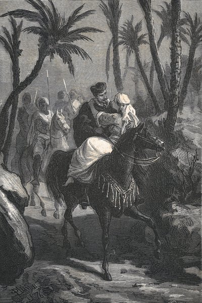Cervantes rir på hest med en kvinne i en oase av Eusebio Planas