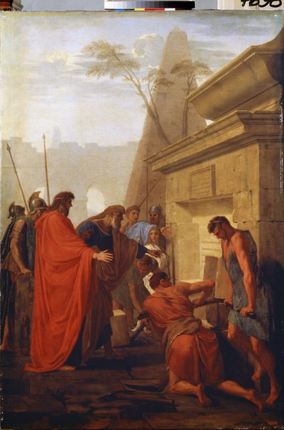 ""Darius åpner Nitocris grav"" (Darius Hystaspes åpner Nitocrys grav) Kongen av Persia Darius I den store (5. århundre f.Kr.) åpner graven til dronningen av Babylon Nitocris, som hadde laget en grav på graven hans at hans etterfølger av Eustache Le Sueur
