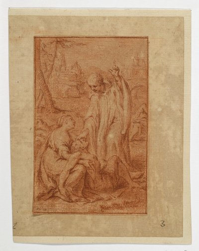 En helgen helbreder en syk eller vekker en død til live (?) av Eustache Le Sueur