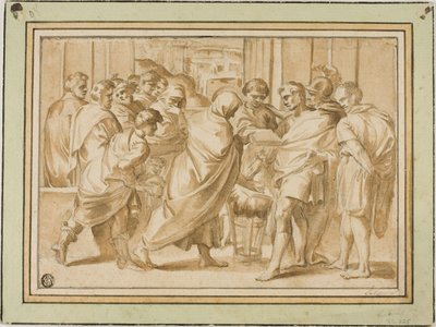 Scene fra romersk historie, med drapert figur som presenterer bok til linjal av Eustache Le Sueur