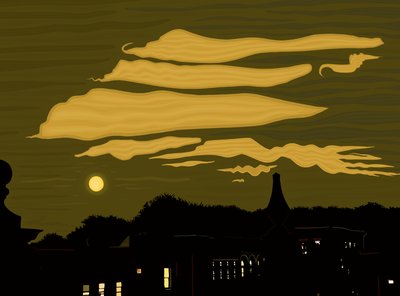 Skyer, måne og park fra taket (digital kunst) av Evan Sklar