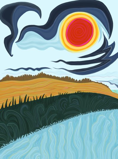 Felt, gress og himmel på kysten (digital kunst) av Evan Sklar