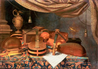 En gitar, en cello, luter, et partitur og andre bøker, en forgylt ewer og en armillarkule på et drapert bord, en søyle bortenfor og en gardin over av Evaristo Baschenis