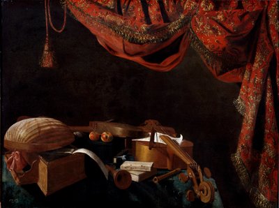 Stilleben med musikkinstrumenter og bøker Maleri av Evaristo Baschenis av Evaristo Baschenis