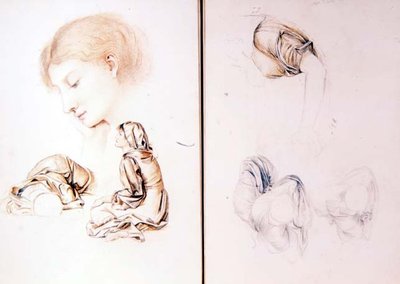 Seks studier av kvinnelige modeller, to sider fra en av kunstnerens skissebøker (blyant, kritt på papir) av Evelyn De Morgan