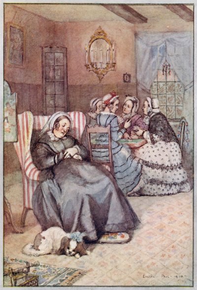 Illustrasjon for Cranford av fru Gaskell (litho-farge) av Evelyn Paul