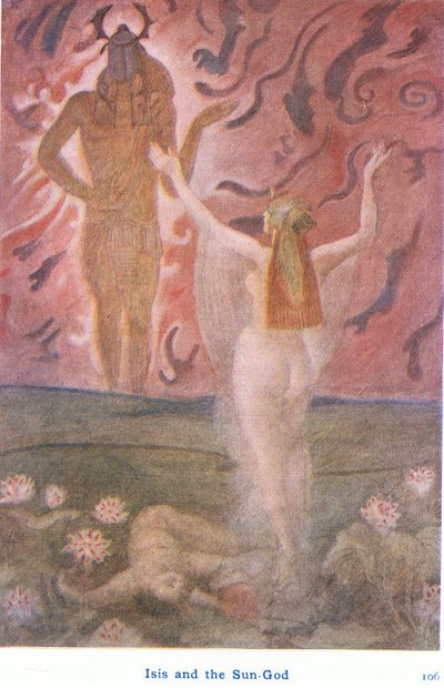 Isis og solguden Ra (farge litho) av Evelyn Paul
