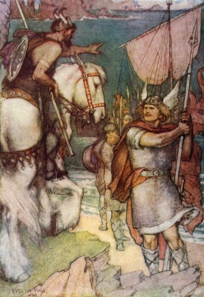 Vaktmesteren utfordrer Beowulf (farge litho) av Evelyn Paul