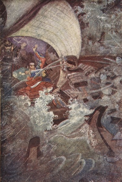 Yoshitsune og Benkei angrepet av et spøkelsesaktig selskap av Taira-klanen, illustrasjon fra 