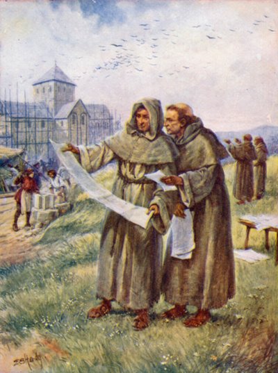 Bygge et kloster (farge litho) av Evelyn Stuart Hardy