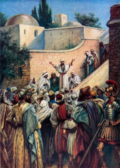 Peter forteller dem om Jesus (farge litho) av Evelyn Stuart Hardy