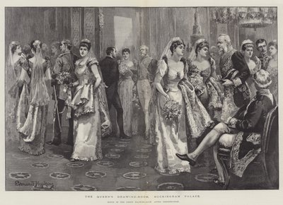 Dronningens tegnestue, Buckingham Palace, scene i den grønne salen etter presentasjon av Everard Hopkins
