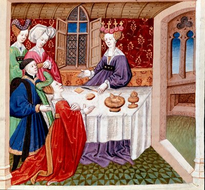 Iseult (eller Iseult) ber om beskyttelse av dronning Guenevre som sitter ved bordet hennes. Miniatyr hentet fra "" Romanesque du Chevalier Tristan et de la reine Yseult"" av Gassien de Poitiers belyst av Everard de Espinques (Evrard d
