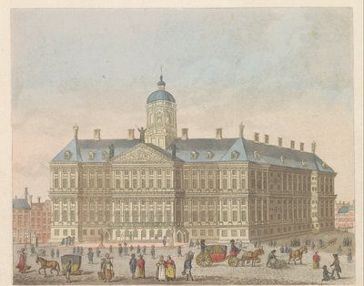 Det kongelige slott på Dam-plassen, ca. 1810-1813 Vue du Palais Roijal, et de la Place le Dam (tittel på objekt) av Evert Maaskamp