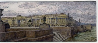 Senatet i St. Petersburg. Beskrivelse av bygninger på bredden av Neva. Verk av Evgeny Evgenyevich Lanceray (Eugene Lansere) (1875-1946), litografi av Evgeni Evgenievitch Lanceray