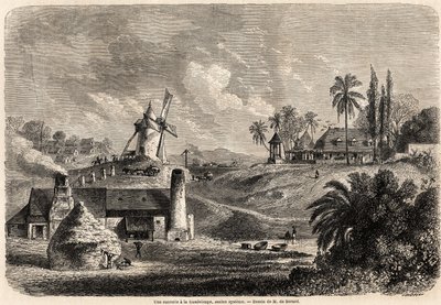 En sukkerfabrikk i Guadeloupe, tegning av Auguste de Berard (1824-1881), for å illustrere reisene til Vestindia, i 1858-1859, av Anthony Trollope (1815-1882). Gravering i "" Le tour du monde, nouveau journal des voyages"" Paris av Evremond de (after) Berard