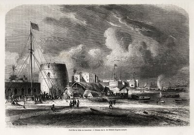 Havnen i byen Zanzibar (dagens Tanzania), tegning av Evremond de Berard (1824-1881), for å illustrere kaptein Burtons reise til de store innsjøene i Øst-Afrika i 1857-1859. Gravering i "" Le tour du monde, nouveau journal des voyages"" Paris av Evremond de (after) Berard
