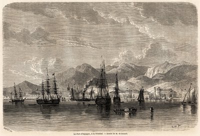 Spanias havn, i Trinidad (Trinidad og Tobago), tegning av Evremond Auguste de Berard (1824-1881), for å illustrere reisene til Vestindia, i 1858-1859, av Anthony Trollope (1815-1882). Gravering i "" Le tour du monde, nouveau journal des voya av Evremond de (after) Berard