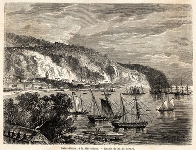 Utsikt over Saint Pierre, på Martinique, tegning av Auguste de Berard (1824-1881), for å illustrere reisene til Vestindia, i 1858-1859, av Anthony Trollope (1815-1882). Gravering i "" Around the world, new travel journal "" Paris av Evremond de (after) Berard