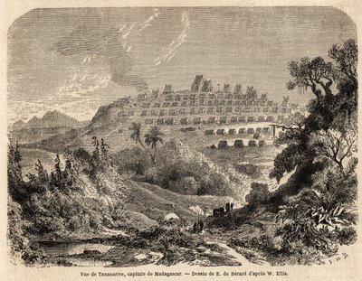 Utsikt over Tananarive, Madagaskars hovedstad, tegning av Evremond de Berard (1824-1881), for å illustrere Ida Pfeiffers reise til Madagaskar i 1857. Gravering i “” Le tour du monde”” 1861. Selvas samling. av Evremond de (after) Berard