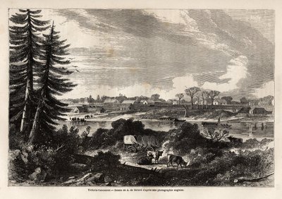 Utsikt over Victoria-Vancouver, hovedstaden i British Columbia, tegning av Auguste de Berard (1824-81), for å illustrere utforskningen av Rocky Mountains i 1857-59 av kaptein John Palliser. Gravering i "" Le tour du monde, nouveau journal des voyages"" Par av Evremond de (after) Berard