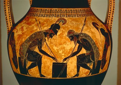Attic svart-figur amfora som viser Achilles og Ajax som spiller terninger, fra Vulci, ca. 540-530 f.Kr. (keramikk) (detalj) av Exekias Exekias