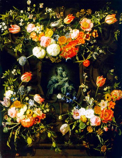 Madonna omgitt av blomster, 1662 av Eykens or Ijkens Ykens
