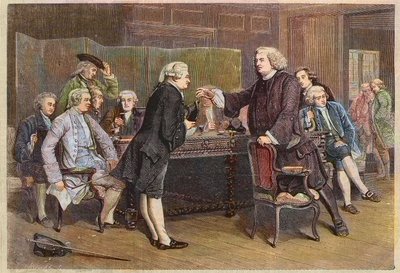 Boswells introduksjon til den litterære klubben - Doktor Johnson mottar Boswell i biblioteket - Gravering etter et maleri av Eyre Crowe av Eyre (after) Crowe