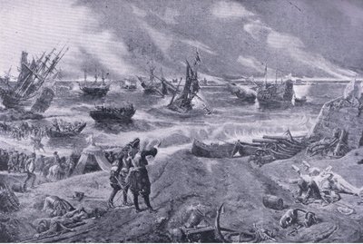 James II ved slaget ved La Hogue, 23. mai 1692, illustrasjon fra British Battles on Land and Sea, 1915 av Eyre Crowe