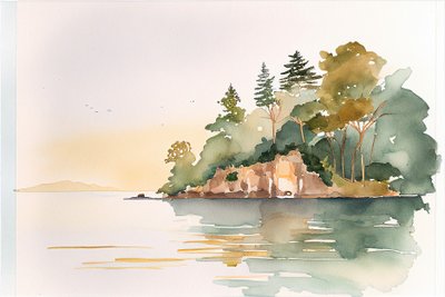 Et minimalistisk akvarelllandskap, veggkunsttrykk av F. Abderrahim