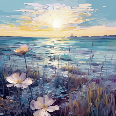 Abstrakte lilla blomster i Blue Lake, tilpassede veggkunstutskrifter, soveromsinnredning av F. Abderrahim