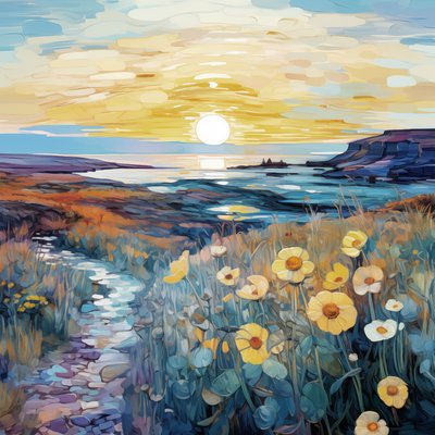 Abstrakt lilla blomster i soloppgang landskapsmaling, veggkunstutskrifter av F. Abderrahim