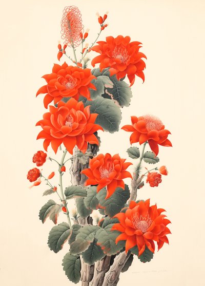 Abstrakt kaktus med blomster, japansk treblokk, innrammede veggkunsttrykk av F. Abderrahim