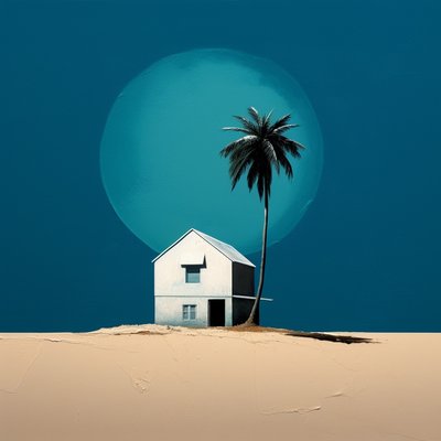 Abstrakt hytte ved stranden og et palmetre, innrammet lerret, Print on Demand av F. Abderrahim