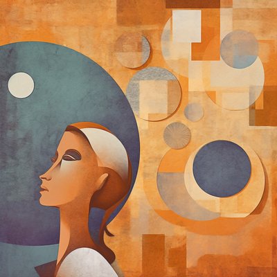 Abstrakt digitalt maleri av en person som ser lei og overveldet ut, kunsttrykk av F. Abderrahim