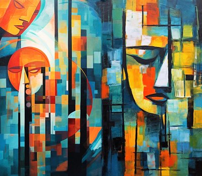 Abstrakt figurativt fargerikt maleri, utskrivbar digital kunst av F. Abderrahim
