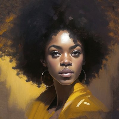 Afrikansk kvinne Portrett, rufsete hår, oljemaleri på lerret, veggkunsttrykk av F. Abderrahim