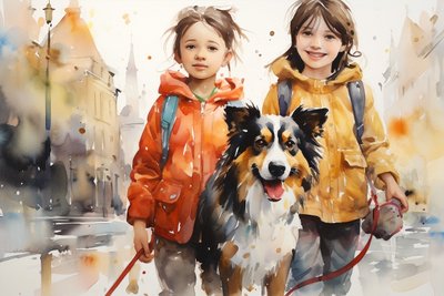 Akvarell portrettmaleri av hund og barn, veggdekor, lerretstrykk av F. Abderrahim