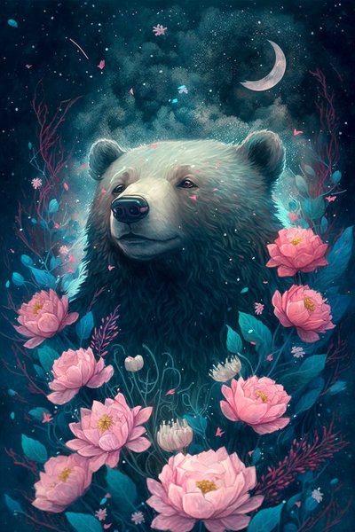 Bjørn i en fantasidrømmescene omgitt av blomster, innrammede plakater av F. Abderrahim