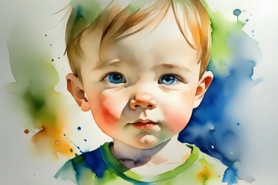 Vakkert babyportrett, akvarellmaling på lerret, veggdekorasjon på soverommet, livlige farger av F. Abderrahim