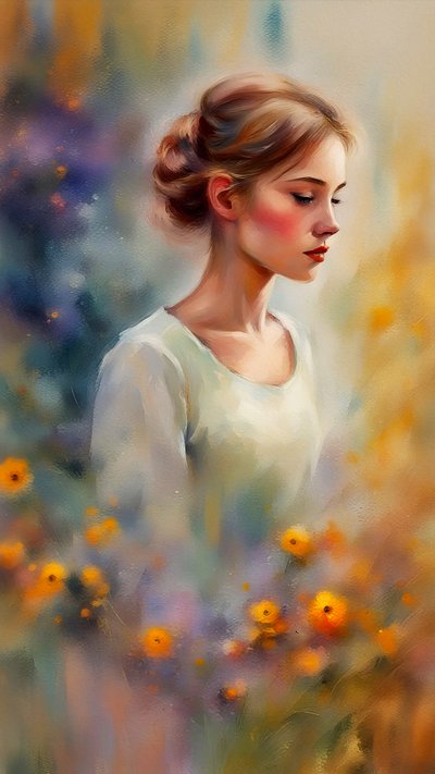 Vakker ung kvinneportrett og blomstermaling på lerret, veggkunsttrykk, livlige farger av F. Abderrahim