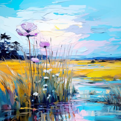 Blå blomster, abstrakte blå blomster i soloppgang landskapsmaling, lerretskunsttrykk av F. Abderrahim