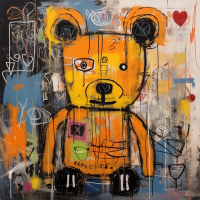Dekor søt bjørn abstrakt maleri, jean michel basquiat stil, kunsttrykk av F. Abderrahim