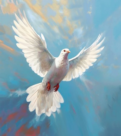 Due i flukt, fredssymbol fugl, minimalistisk oljemaleri, veggkunsttrykk av F. Abderrahim