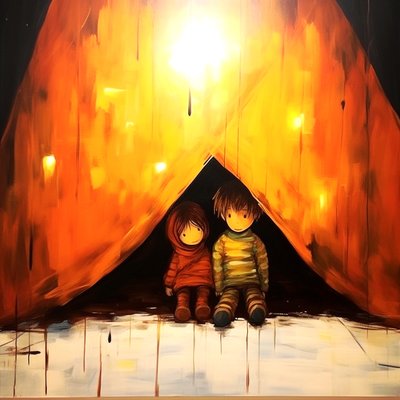 Tegning av to uskyldige barn, surrealistisk veggkunst | Lerretstrykk av F. Abderrahim
