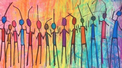 Primitivt maleri av en mengde mennesker, minimalistisk portrett, kunsttrykk av F. Abderrahim